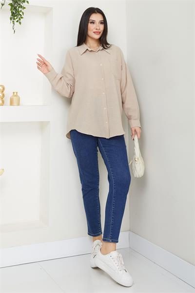 Cepli Oversize Keten Gömlek Bej SS2651