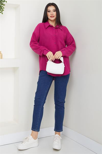 Cepli Oversize Keten Gömlek Fuşya SS2651