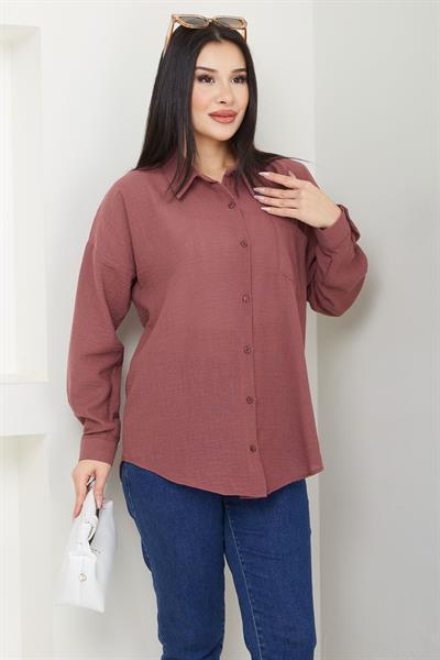 Cepli Oversize Keten Gömlek Gül Kurusu SS2651