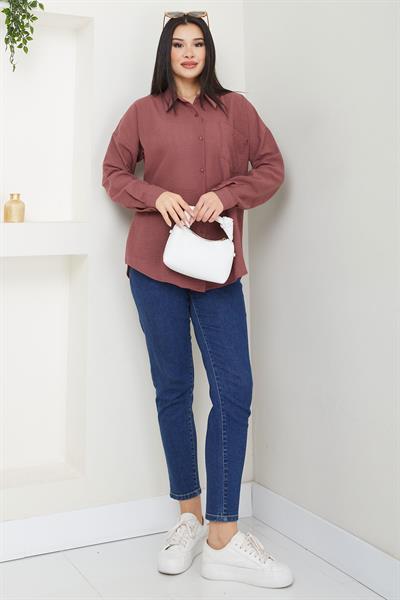 Cepli Oversize Keten Gömlek Gül Kurusu SS2651