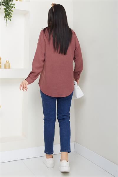 Cepli Oversize Keten Gömlek Gül Kurusu SS2651
