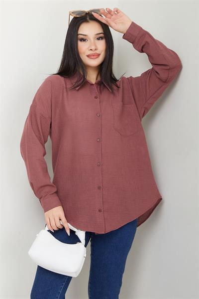 Cepli Oversize Keten Gömlek Gül Kurusu SS2651