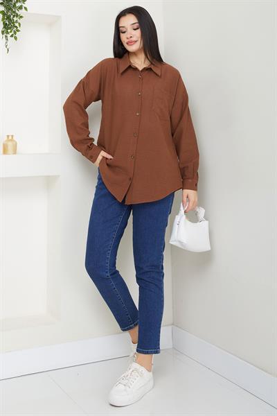 Cepli Oversize Keten Gömlek Kahverengi SS2651