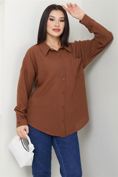 Cepli Oversize Keten Gömlek Kahverengi SS2651