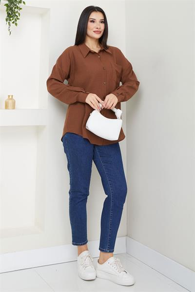 Cepli Oversize Keten Gömlek Kahverengi SS2651
