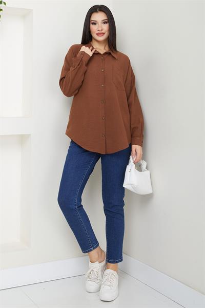 Cepli Oversize Keten Gömlek Kahverengi SS2651