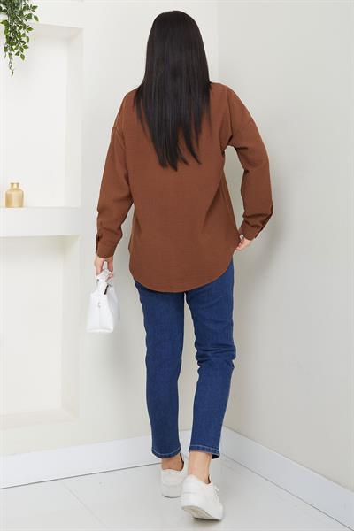 Cepli Oversize Keten Gömlek Kahverengi SS2651