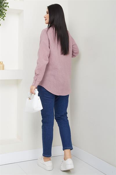 Cepli Oversize Keten Gömlek Pembe SS2651