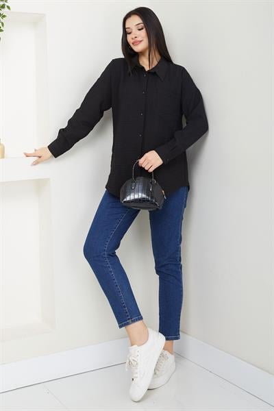 Cepli Oversize Keten Gömlek Siyah SS2651