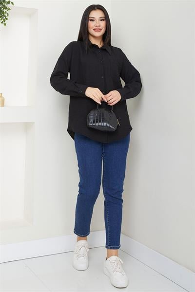 Cepli Oversize Keten Gömlek Siyah SS2651