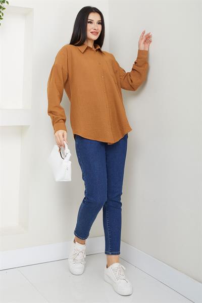 Cepli Oversize Keten Gömlek Taba SS2651