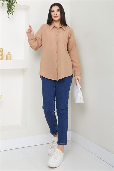 Cepli Oversize Keten Gömlek Vizon SS2651