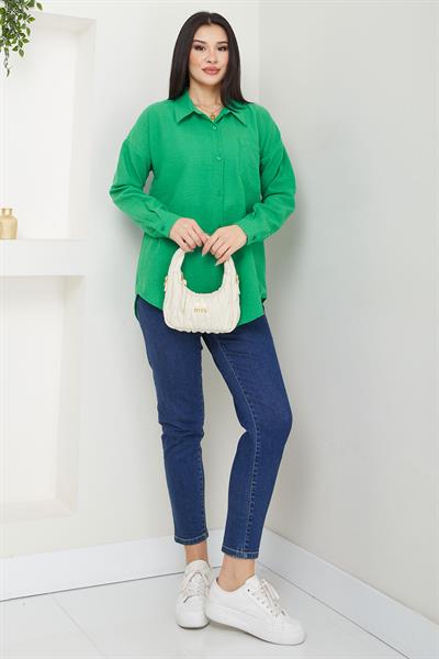 Cepli Oversize Keten Gömlek Yeşil SS2651