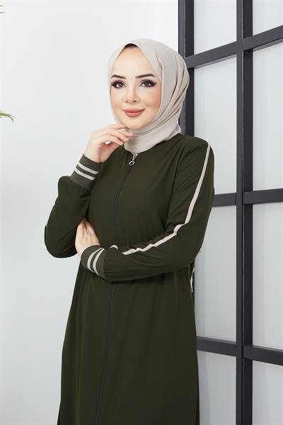 Çizgi Detaylı Haki Ferace 