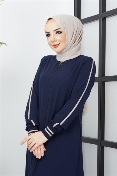 Çizgi Detaylı Lacivert Ferace 