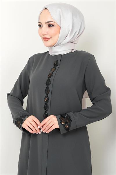 Damla Taş Detaylı Ferace Füme HM2435