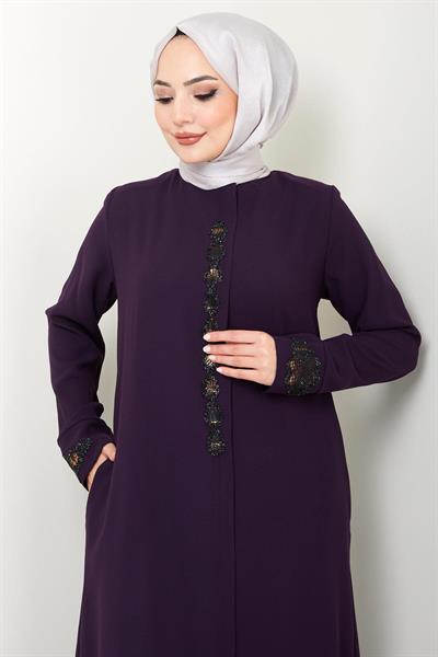 Damla Taş Detaylı Ferace Mürdüm HM2435
