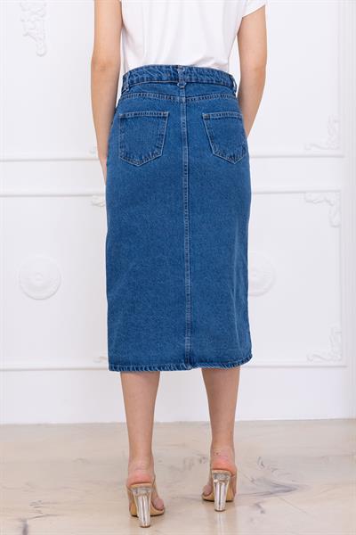 Düğmeli Kot Etek Koyu Mavi SS2697