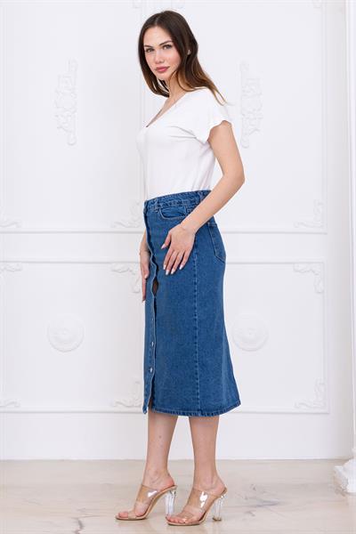 Düğmeli Kot Etek Koyu Mavi SS2697