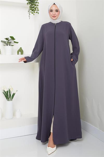 Fermuarlı Büyük Beden Ferace Füme HM2488