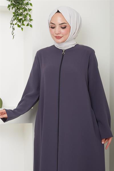Fermuarlı Büyük Beden Ferace Füme HM2488