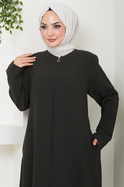 Fermuarlı Büyük Beden Ferace Haki HM2488