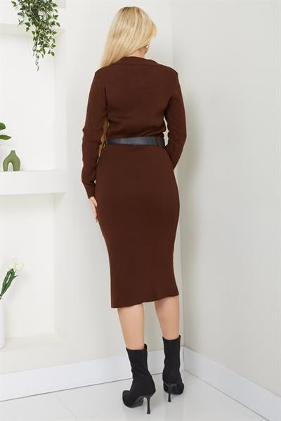 Gömlek Yaka Kemerli Triko Elbise Kahverengi SS2599