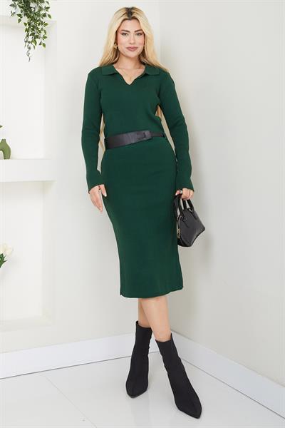 Gömlek Yaka Kemerli Triko Elbise Zümrüt Yeşili SS2599