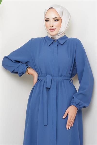 Gömlek Yaka Kuşaklı Ferace İndigo HM2253