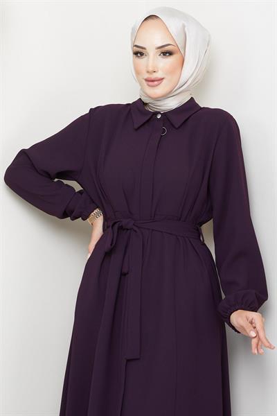 Gömlek Yaka Kuşaklı Ferace Mürdüm HM2253
