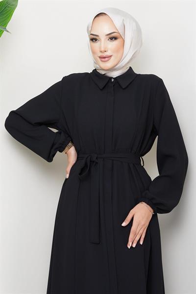 Gömlek Yaka Kuşaklı Ferace Siyah HM2253