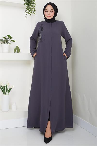 Hüma Taş Detaylı Ferace Füme HM2479
