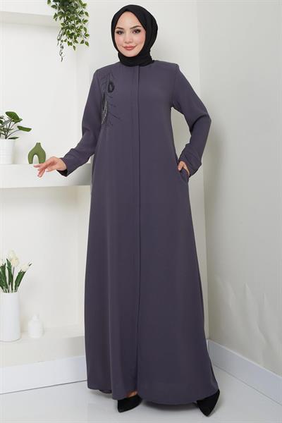 Hüma Taş Detaylı Ferace Füme HM2479