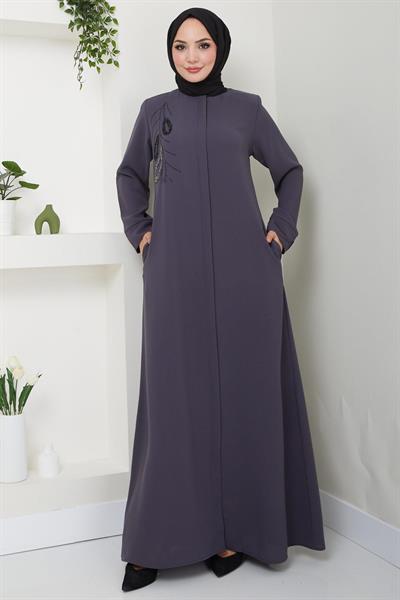 Hüma Taş Detaylı Ferace Füme HM2479