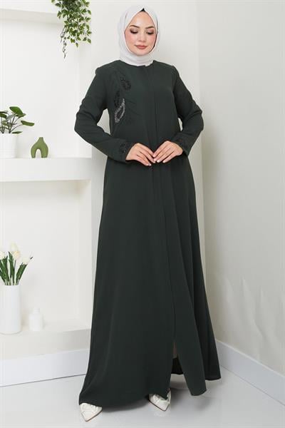 Hüma Taş Detaylı Ferace Haki HM2479