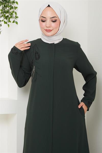 Hüma Taş Detaylı Ferace Haki HM2479