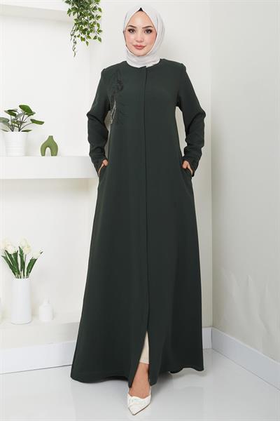 Hüma Taş Detaylı Ferace Haki HM2479