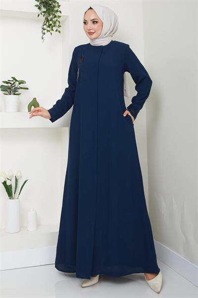 Hüma Taş Detaylı Ferace Lacivert HM2479