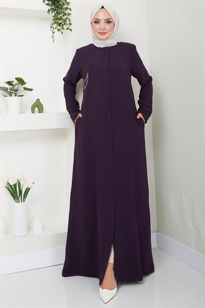 Hüma Taş Detaylı Ferace Mürdüm HM2479