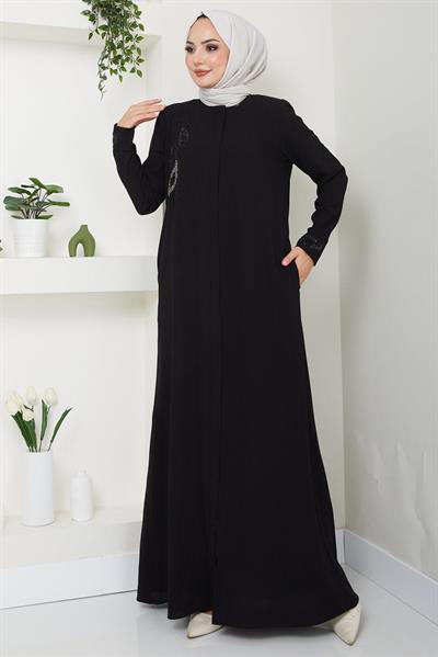 Hüma Taş Detaylı Ferace Siyah HM2479