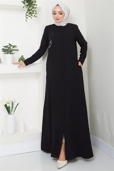 Hüma Taş Detaylı Ferace Siyah HM2479