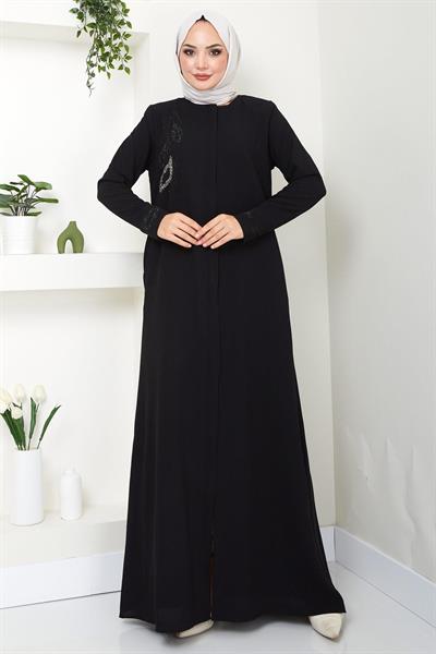 Hüma Taş Detaylı Ferace Siyah HM2479