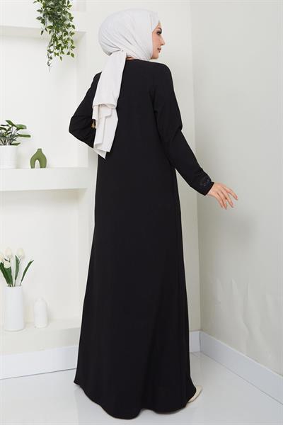 Hüma Taş Detaylı Ferace Siyah HM2479