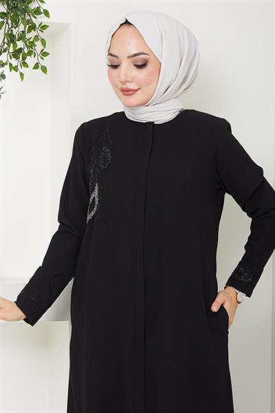Hüma Taş Detaylı Ferace Siyah HM2479