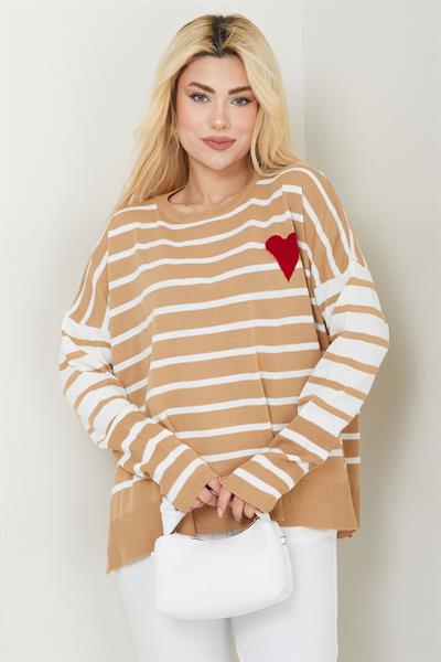 Kalp Aplikeli Çizgili Kazak SS2617 Camel
