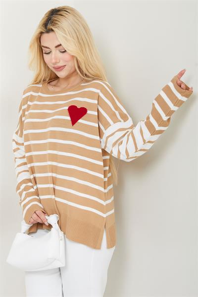 Kalp Aplikeli Çizgili Kazak SS2617 Camel