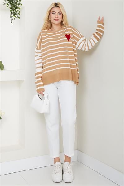 Kalp Aplikeli Çizgili Kazak SS2617 Camel