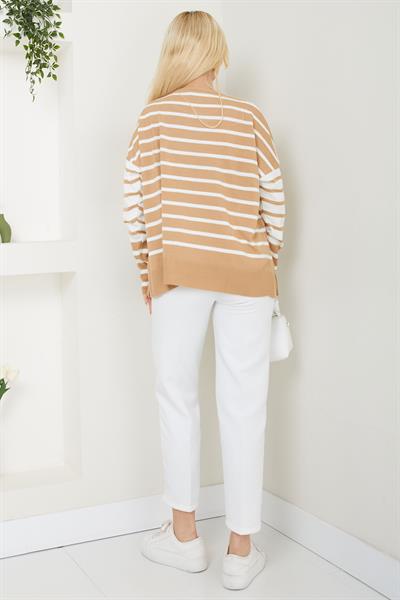 Kalp Aplikeli Çizgili Kazak SS2617 Camel
