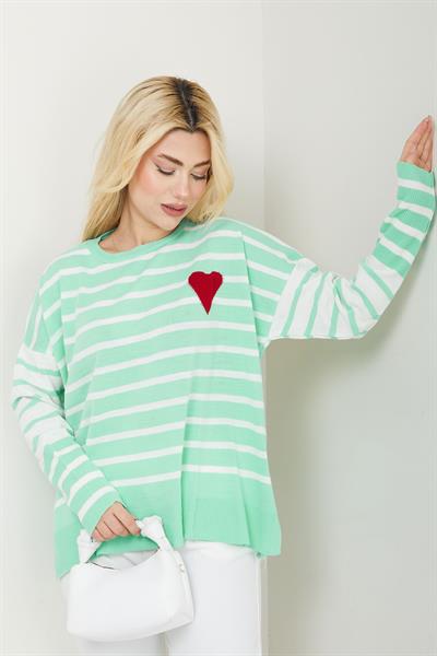 Kalp Aplikeli Çizgili Kazak SS2617 Mint