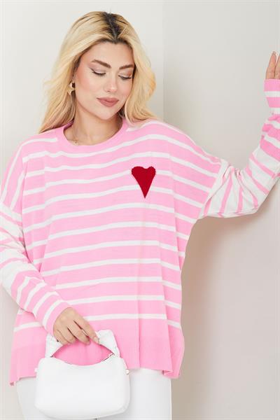 Kalp Aplikeli Çizgili Kazak SS2617 Pembe